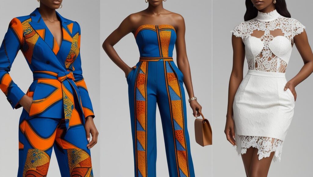 Contemporary Nigerian fashion featuring reimagined Ankara jumpsuit and modern lace design, showcasing revitalized traditional fabrics