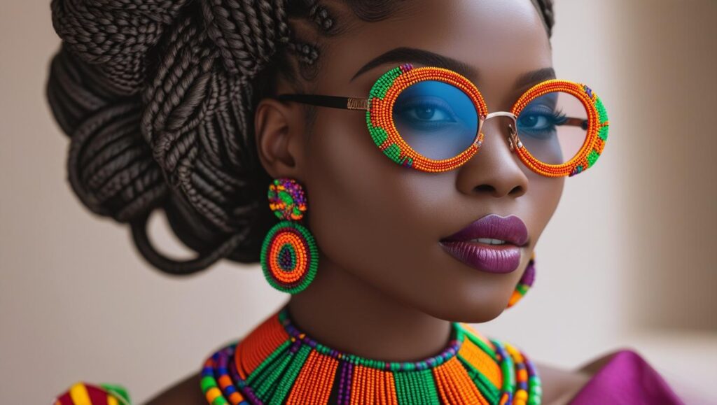 Close-up of bold Nigerian accessories and intricate hairstyle, demonstrating statement fashion and beauty trends