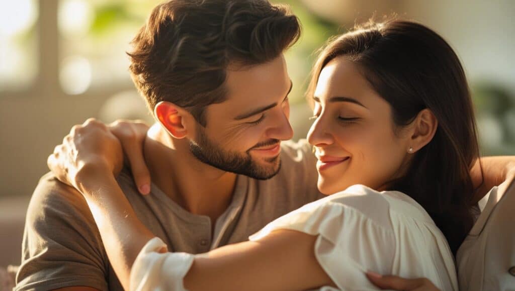 A man showing tender affection and connection to a woman, illustrating how a man makes a woman feel loved and secure.