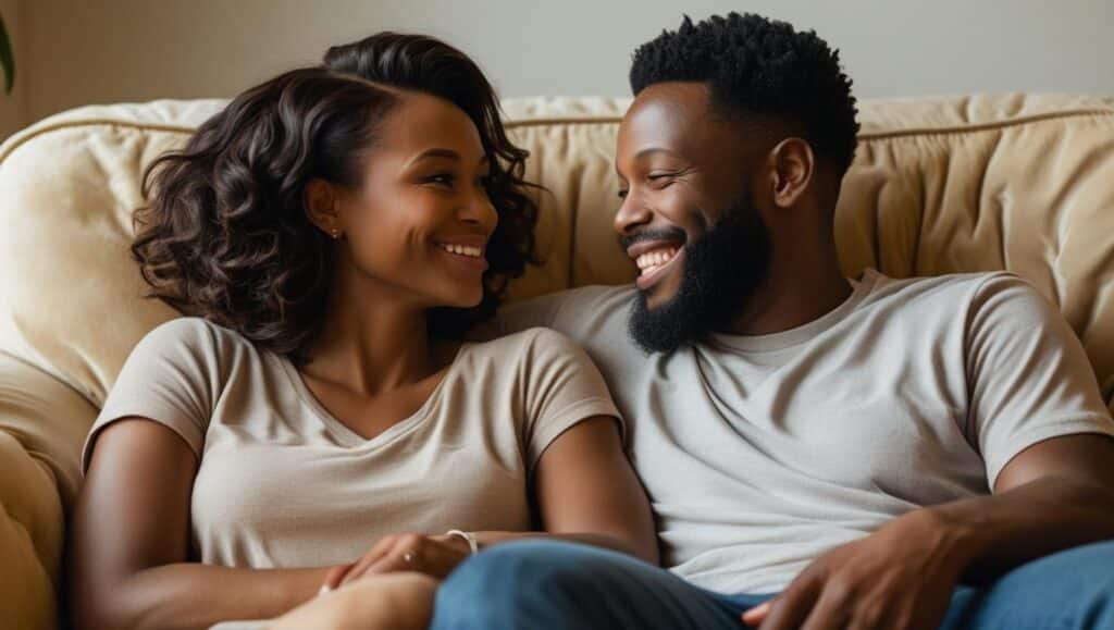 A woman looking at her man with genuine affection, illustrating true love and deep emotional connection