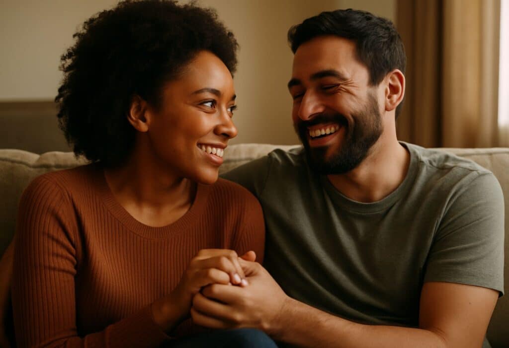 A woman looking at her man with genuine affection, illustrating true love and deep emotional connection