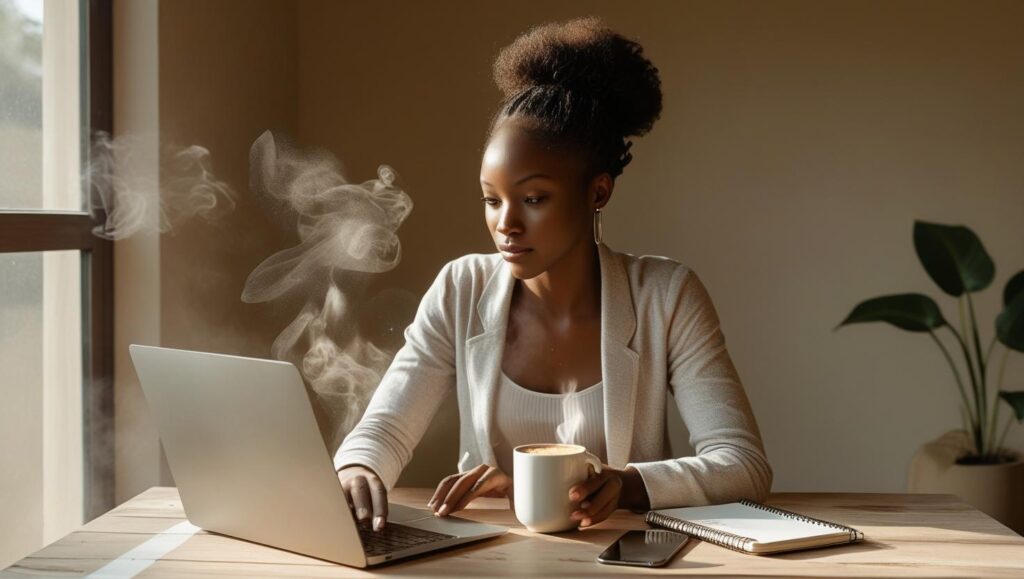 Young Nigerian digital nomad working remotely with scenic background