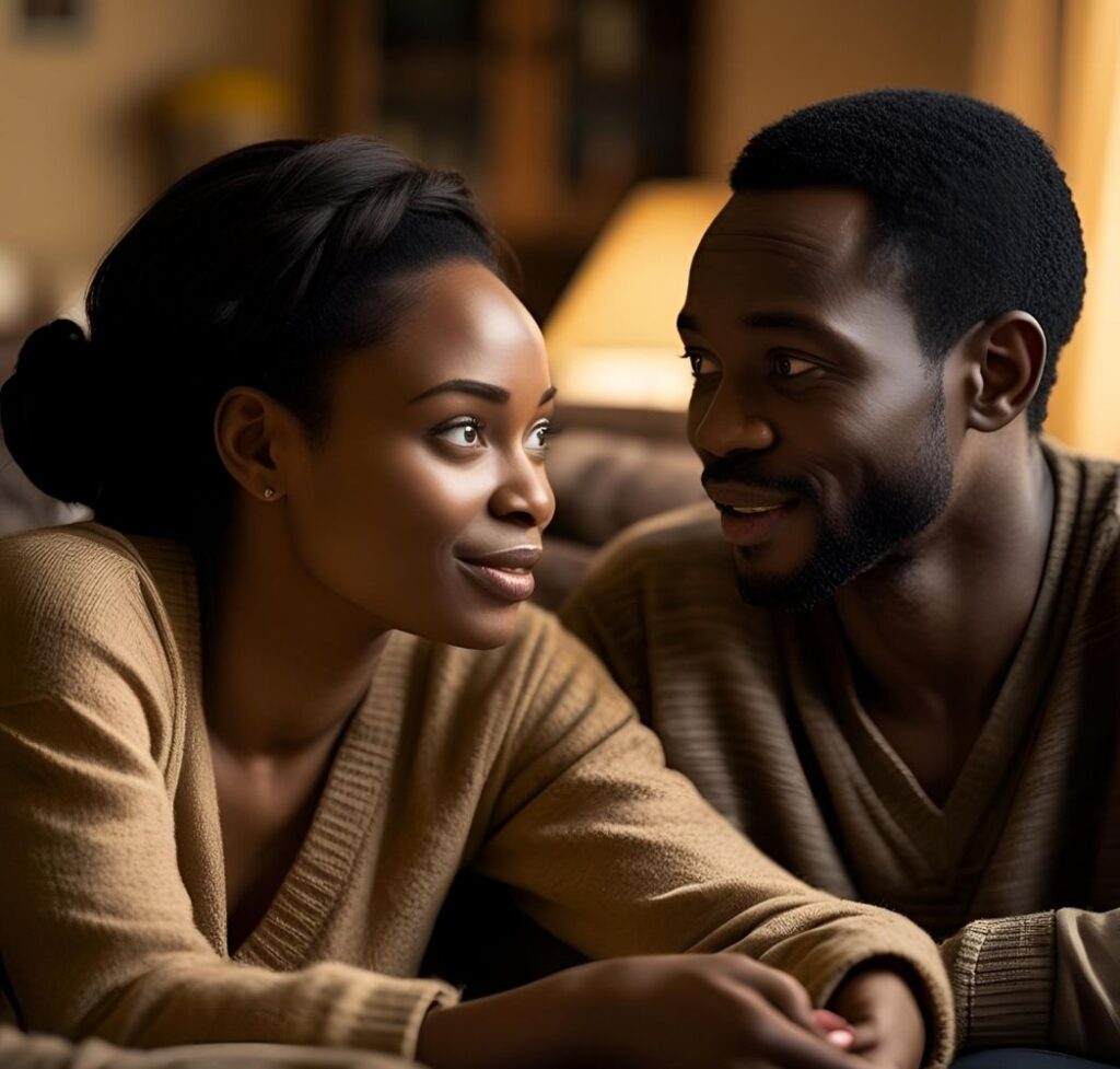 A Nigerian couple demonstrating active listening, with one partner intently hearing the other, symbolizing effective communication for stronger bonds.