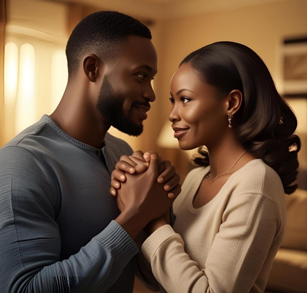 A Nigerian couple with hands clasped, looking at each other confidently, symbolizing building unbreakable trust and lasting commitment in their relationship