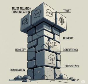 Graphic illustrating the pillars of building unbreakable trust for a Nigerian couple, with symbols representing honesty, consistency, and communication.