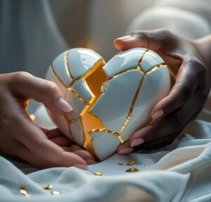 Image of two hands gently mending a broken heart, symbolizing forgiveness and the process of repairing trust in a Nigerian couple's relationship.