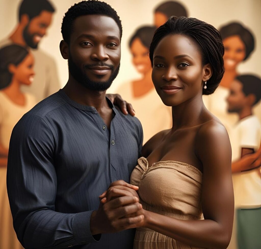A Nigerian couple standing united, with subtle community in background, symbolizing healthy boundary setting for stronger relationships.