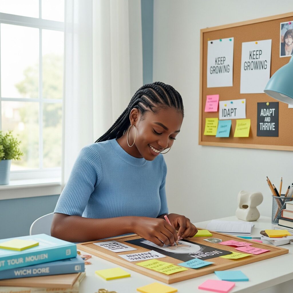 A focused young Nigerian woman journaling her personal development goals at a desk, symbolizing the importance of self-reflection and adaptability in building a growth mindset
