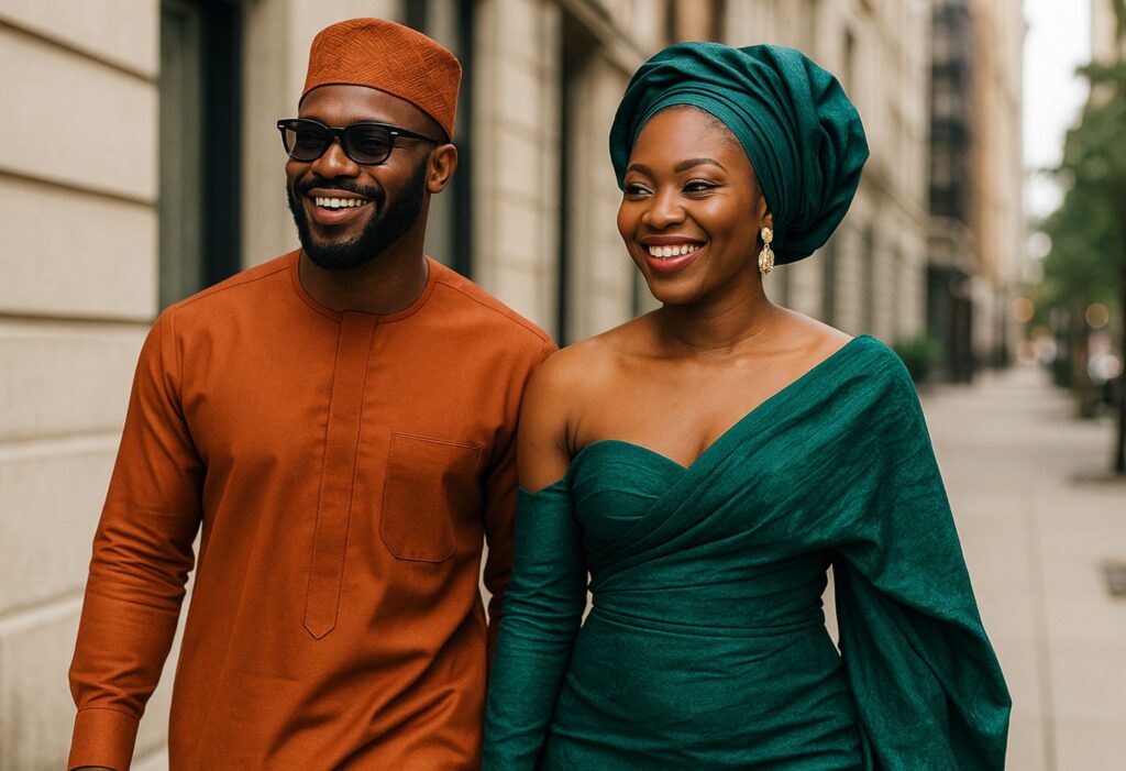 Young Nigerian couple walking together while maintaining their individual identity and style.