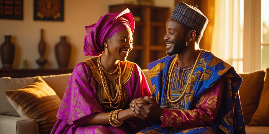 A Nigerian couple sharing a moment of genuine happiness and appreciation, symbolizing the power of gratitude in their relationship.