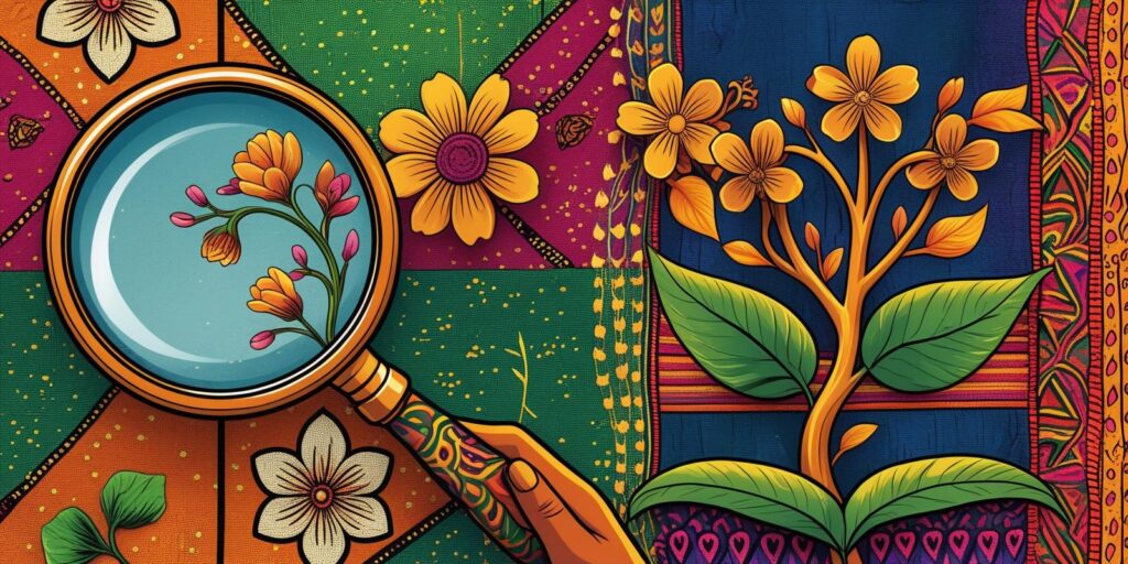 Graphic showing a magnifying glass highlighting positive details or a flourishing plant with hearts, symbolizing the secret power of gratitude for Nigerian couples.