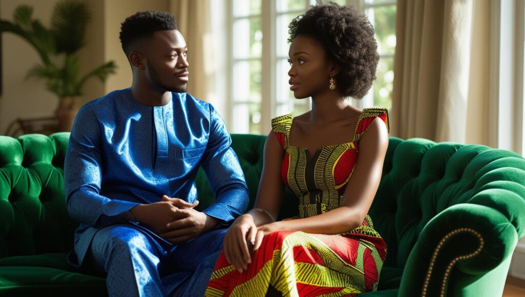A young Nigerian couple (mid-20s to early 30s) sitting together on a couch or in a park, having a deep conversation — looking thoughtful, not overly romantic. Outfits can be casual Ankara or modern native wear.