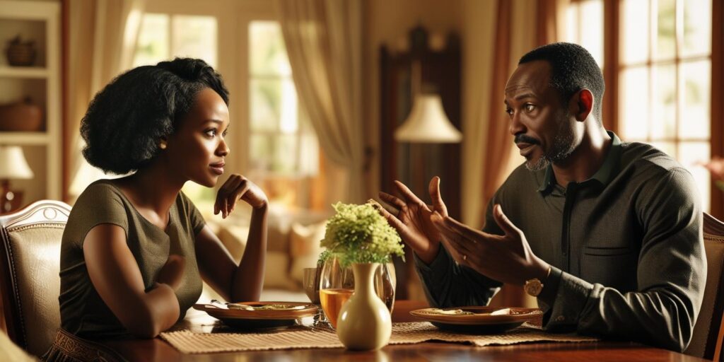couple engaged in calm, respectful communication, symbolizing effective conflict resolution in their marriage.