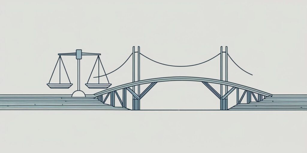  A simple, clear graphic depicting a set of scales perfectly balanced, or a bridge being built across a small gap. This symbolizes fairness and connection.