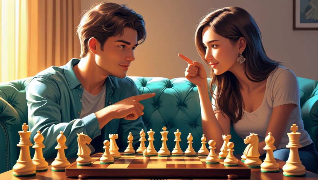 a couple sitting on a couch, facing a chessboard with different pieces representing various relationship problems like money, chores, and family. They are not fighting, but are looking at the board together, pointing at the pieces and talking calmly, as if they are a team planning their next move. The mood is collaborative and focused emphasizing on Addressing Common Relationship Problems