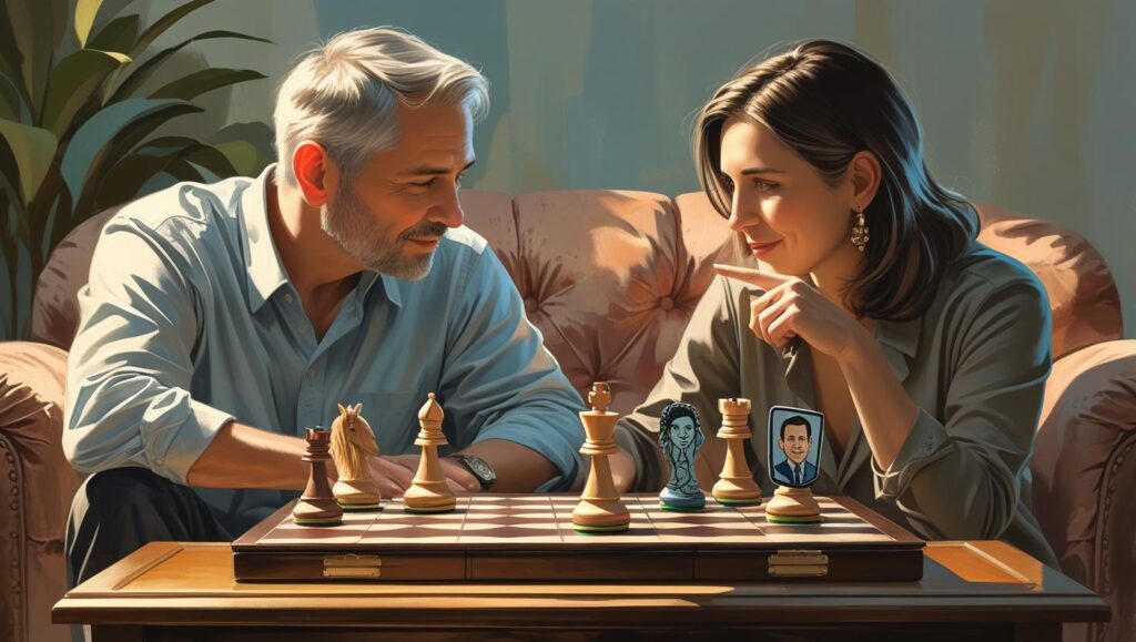 a couple sitting on a couch, facing a chessboard with different pieces representing various relationship problems like money, chores, and family. They are not fighting, but are looking at the board together, pointing at the pieces and talking calmly, as if they are a team planning their next move. The mood is collaborative and focused.