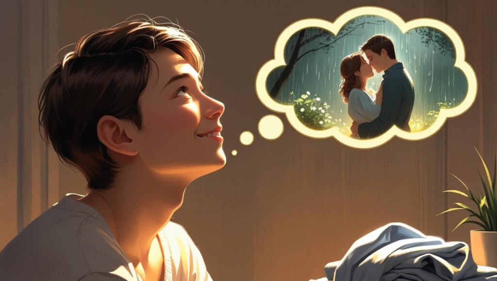 a person looking at a thought bubble above their head. Inside the thought bubble is a scene from a romantic movie—a couple kissing in the rain, a perfect candlelit dinner, or a flawless wedding. Below the thought bubble, in the real world, the person is looking at their partner, who is doing something simple and loving, like smiling warmly while folding laundry or making a simple meal emphasing on Addressing Unrealistic Expectations