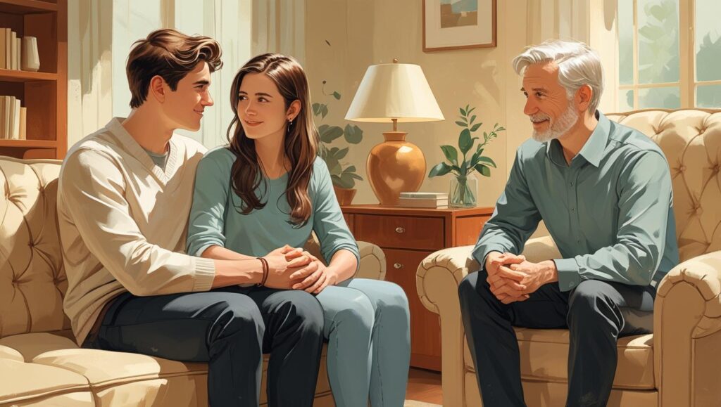 a couple sitting on a couch, facing a warm, kind-looking therapist emphasizing on Couples Therapy as the New Norm