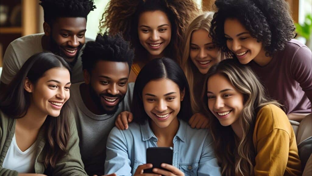 A warm, inviting image showing a diverse group of friends gathered around a phone. They are all looking at the screen with a mix of concentration and lightheartedness, with one person in the group pointing at something on the screen. The setting is cozy, like a living room or a cafe, and the overall feeling is one of teamwork and support. Friends as MVPs in Dating: The "Friend Effect"