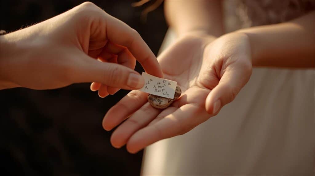 A close-up, warm image focused on a couple's hands. One hand is gently placing a small, handwritten note or a small, simple object (like a stone or a piece of a plant) into the palm of the other person's hand. The other person's hand is open to receive it. The lighting is soft and natural, and the image feels quiet and intimate. The focus is entirely on the small, thoughtful gesture.Showing Appreciation and Gratitude Daily