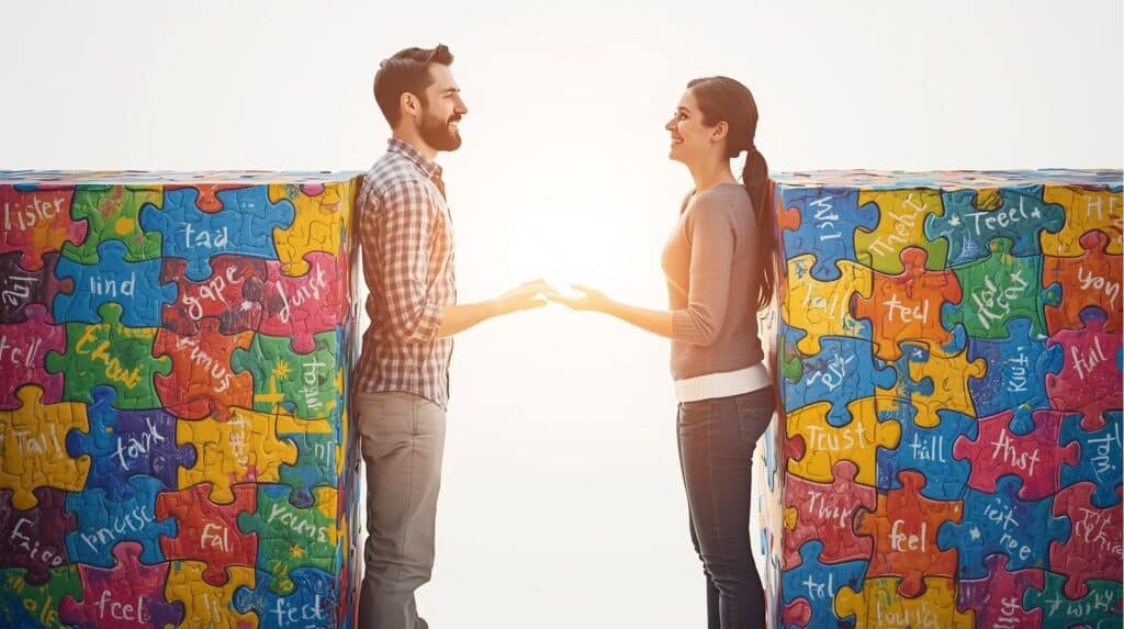 two people standing on opposite sides of a gap. The gap is being bridged by a series of interlocking, brightly colored puzzle pieces that they are putting together, connecting their sides. The pieces are labeled with simple words "Listen," "Talk," "Trust," and "Feel." The couple is smiling and working together as a team. showing How to Communicate Better with Your Partner