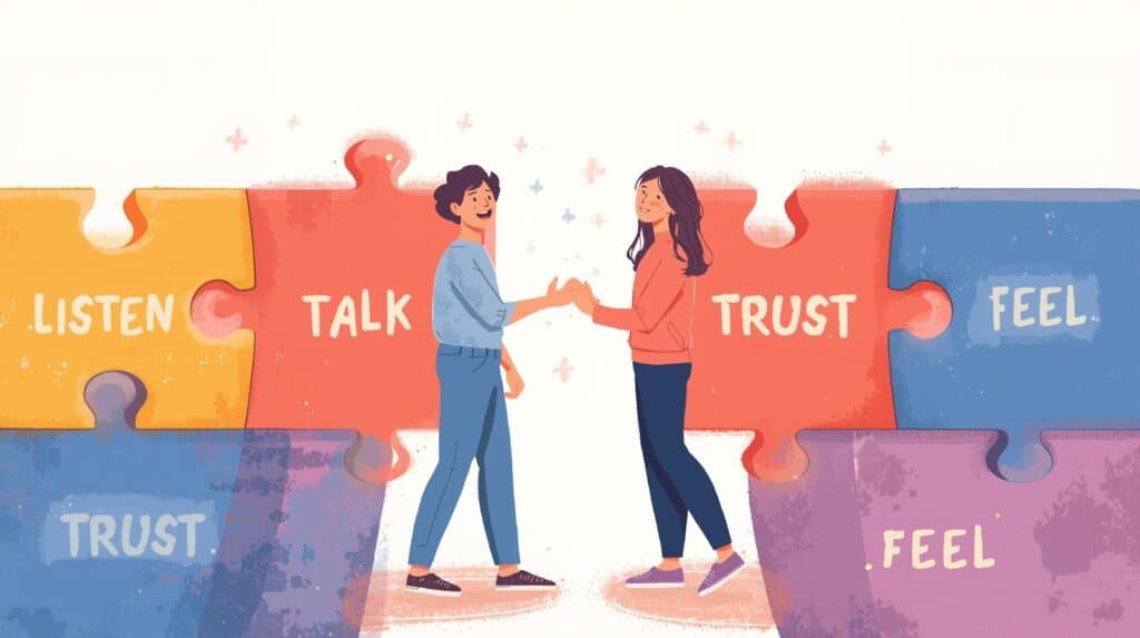  two people standing on opposite sides of a gap. The gap is being bridged by a series of interlocking, brightly colored puzzle pieces that they are putting together, connecting their sides. The pieces are labeled with simple words like "Listen," "Talk," "Trust," and "Feel." The couple is smiling and working together as a team. showing How to Communicate Better with Your Partner
