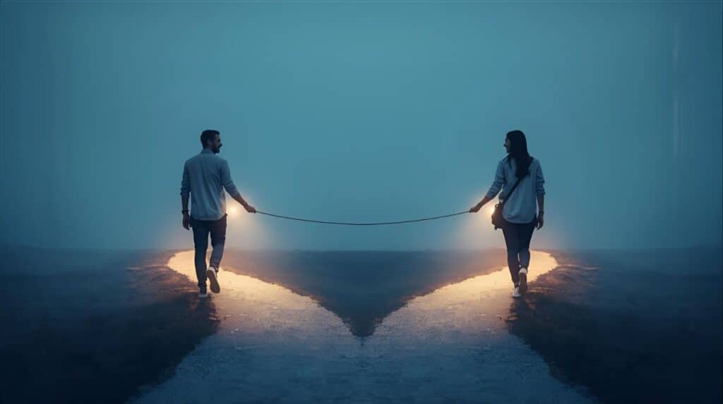 An image showing a couple walking together on a path that then splits into two smaller, separate paths. One person is happily walking down one path, and the other is walking down the other. They are both looking back at each other with a smile, and a clear, gentle light or a thin rope is connecting them, symbolizing their continued bond. Both paths are well-lit and welcoming, showing that their individual journeys are positive. which shows couples supporting ech other individual experience