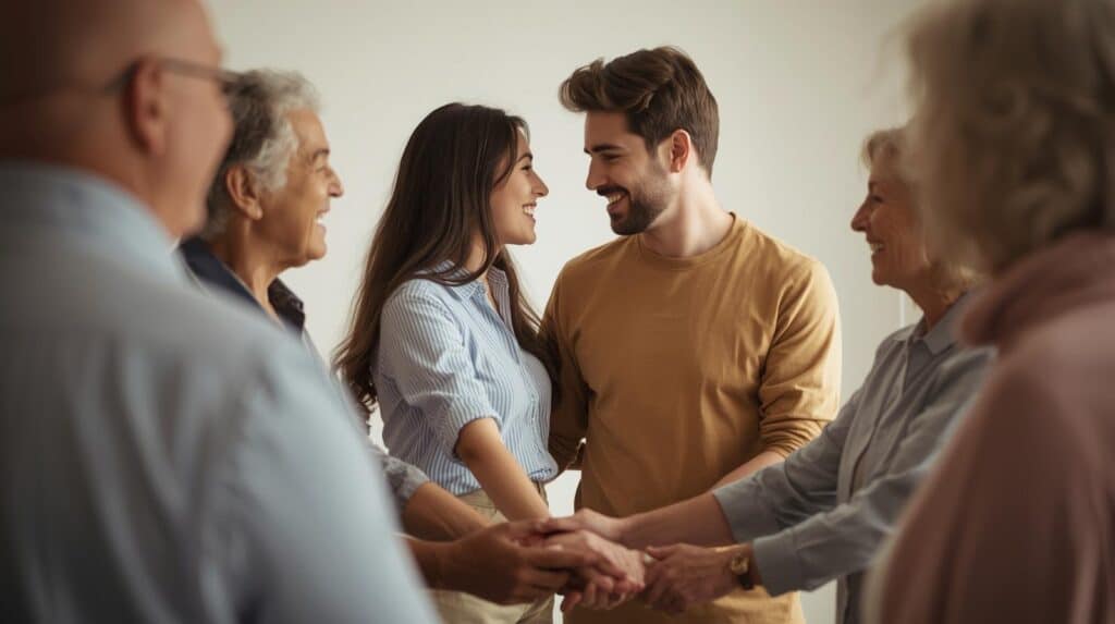 a couple and their parents or in-laws. The couple is standing together, holding hands or with an arm around each other, facing their family. They are all smiling, but there's a subtle, clear space between the couple and the family, symbolizing a healthy boundary.