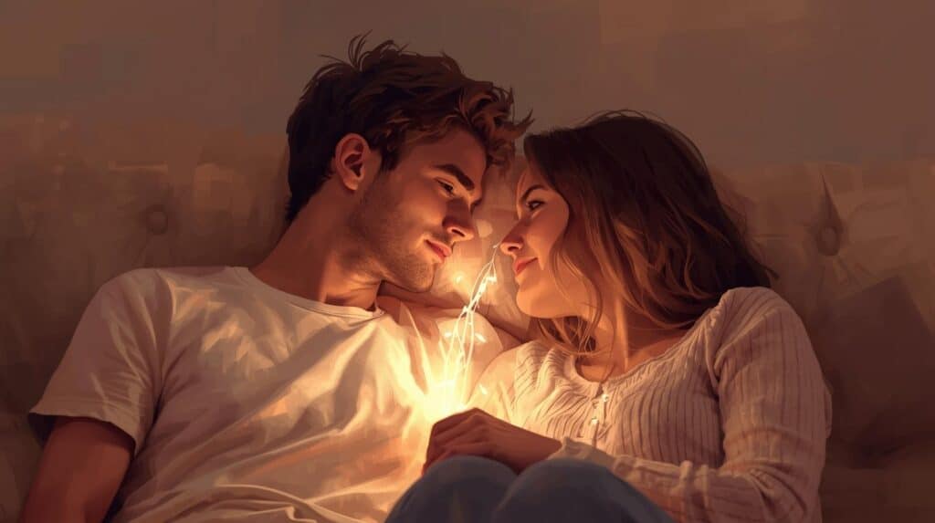 An image of a couple sitting close together on a couch, facing each other. A soft, glowing string or light seems to be connecting their hearts, flowing from one to the other. Their facial expressions are calm, open, and empathetic. The focus is on their quiet, shared connection and the visual metaphor of the light between them. showing the importance of building emotional intimacy