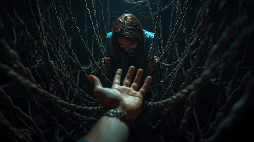 a person standing in a dimly lit, tangled web of ropes or chains that represent their feelings of jealousy and insecurity. They are looking down, caught in their thoughts. In front of them, their partner is reaching out their hand from a clear, well-lit space. The partner's face is kind and reassuring.
