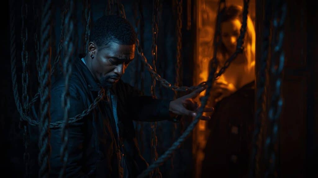  a person standing in a dimly lit, tangled web of ropes or chains that represent their feelings of jealousy and insecurity. They are looking down, caught in their thoughts. In front of them, their partner is reaching out their hand from a clear, well-lit space. The partner's face is kind and reassuring.