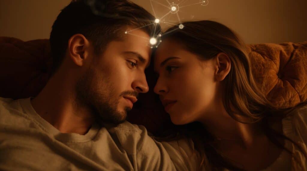 A close-up, warm image of a couple sitting together on a couch. They are not speaking, but are looking into each other's eyes. Above them, a faint, glowing line or a series of dots connects their foreheads, as if their thoughts or emotions are flowing between them. Their faces are calm and their body language is open and relaxed, showing a sense of deep, quiet understanding.