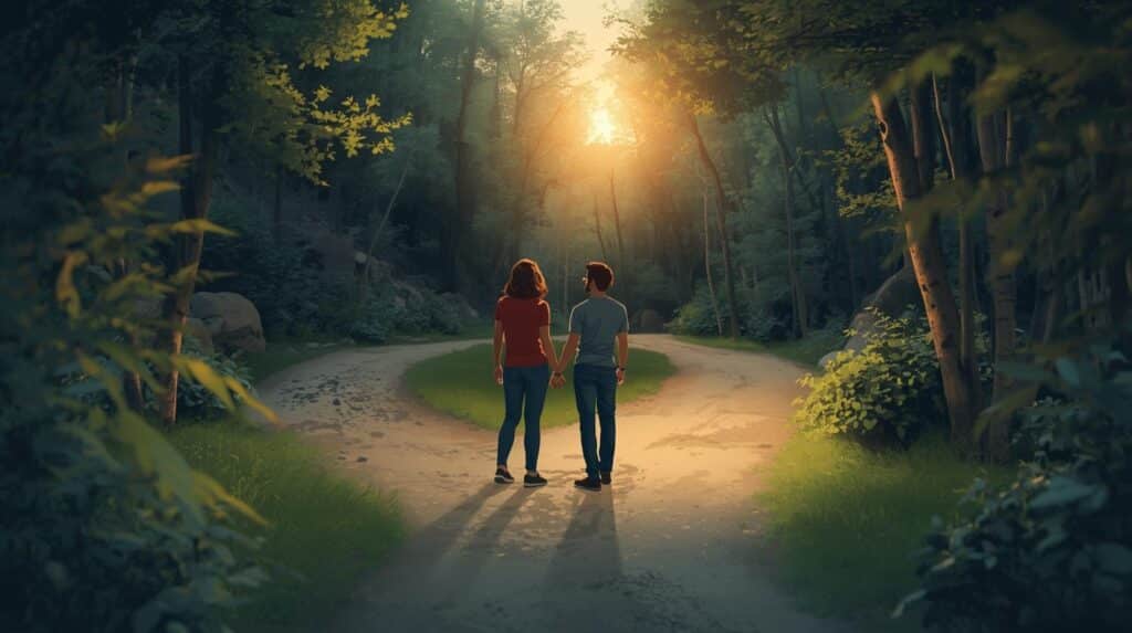 A couple stands at the fork in the road, holding hands and looking toward the clear path, with a professional guide or therapist standing there to help show them the way expressing the topic we are talking about. when to seek professional help in your relationship