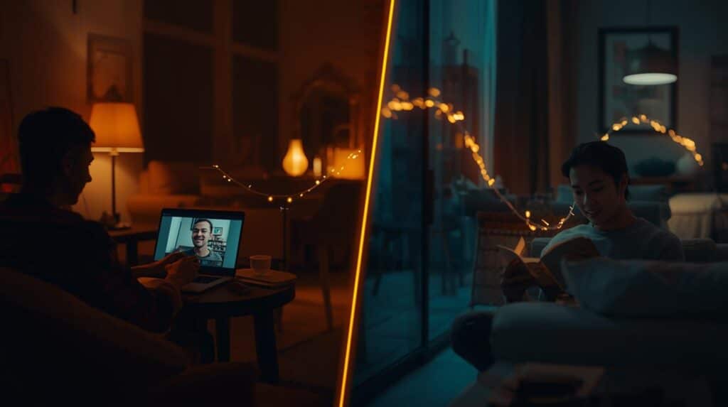 a split-screen or dual-frame design. On the left side, a person is in a cozy indoor setting, maybe on a video call. On the right side, their partner is in a different but similarly warm setting. A single, glowing line or a series of interconnected lights stretches between their two screens, symbolizing their emotional connection across the physical distance. The overall tone is hopeful and loving.