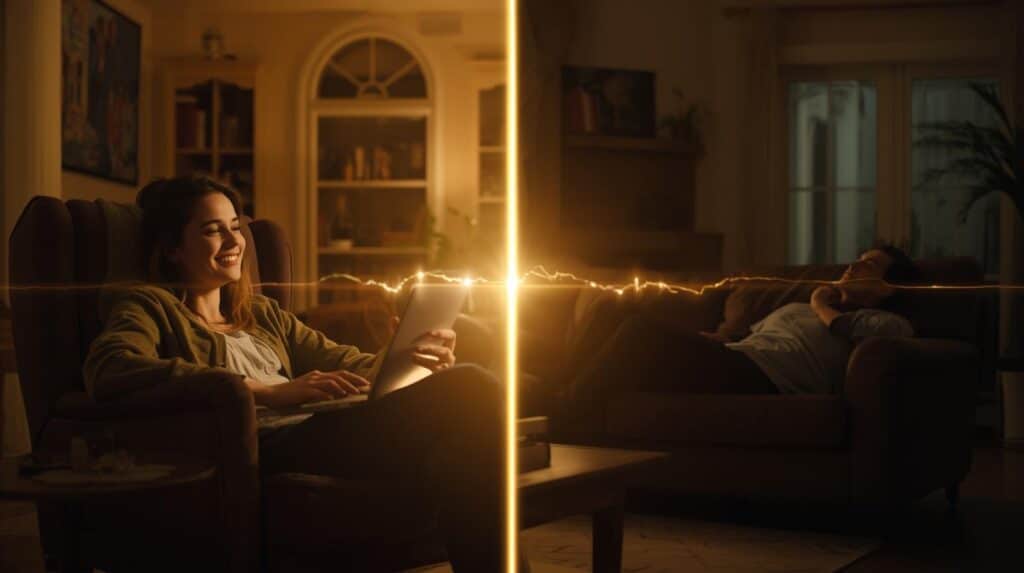 a split-screen. On the left side, a person is in a cozy indoor setting, maybe on a video call. On the right side, their partner is in a different but similarly warm setting. A single, glowing line or a series of interconnected lights stretches between their two screens, symbolizing their emotional connection across the physical distance. The overall tone is hopeful and loving.