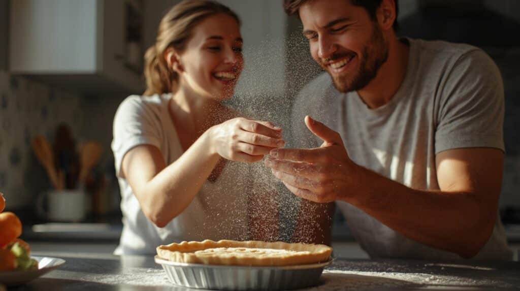close-up image of a couple in a natural setting, like a kitchen or a park. They are doing a simple activity together, such as baking. Their focus is on the activity and on each other.  One person is laughing while the other smiles at them, and their body language shows a clear, joyful connection.