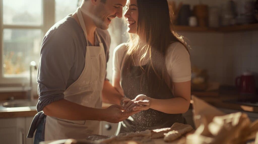 close-up image of a couple in a natural setting, like a kitchen or a park. They are doing a simple activity together, such as baking. Their focus is on the activity and on each other. One person is laughing while the other smiles at them, and their body language shows a clear, joyful connection.