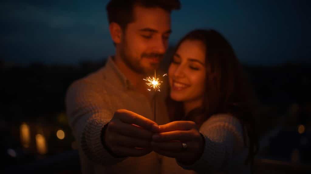 A warm and intimate image of a couple standing close together in a dark setting, such as a backyard or a balcony at night. They are both holding one lit sparkler, and its glowing light is illuminating their faces. They are looking at each other, smiling or laughing, with their other hands gently touching. The atmosphere is one of shared joy and connection, and the focus is on the light of the sparkler and their happy expressions. showing how to keep the spark alive in a long-distance relationship