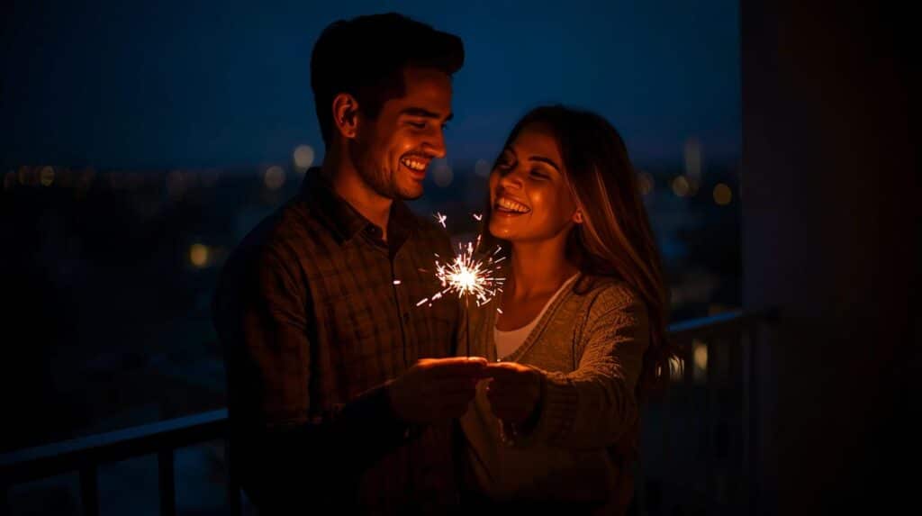A warm and intimate image of a couple standing close together in a dark setting, such as a backyard or a balcony at night. They are both holding one lit sparkler, and its glowing light is illuminating their faces. They are looking at each other, smiling or laughing, with their other hands gently touching. The atmosphere is one of shared joy and connection, and the focus is on the light of the sparkler and their happy expressions. showing how to keep the spark alive in a long-distance relationship