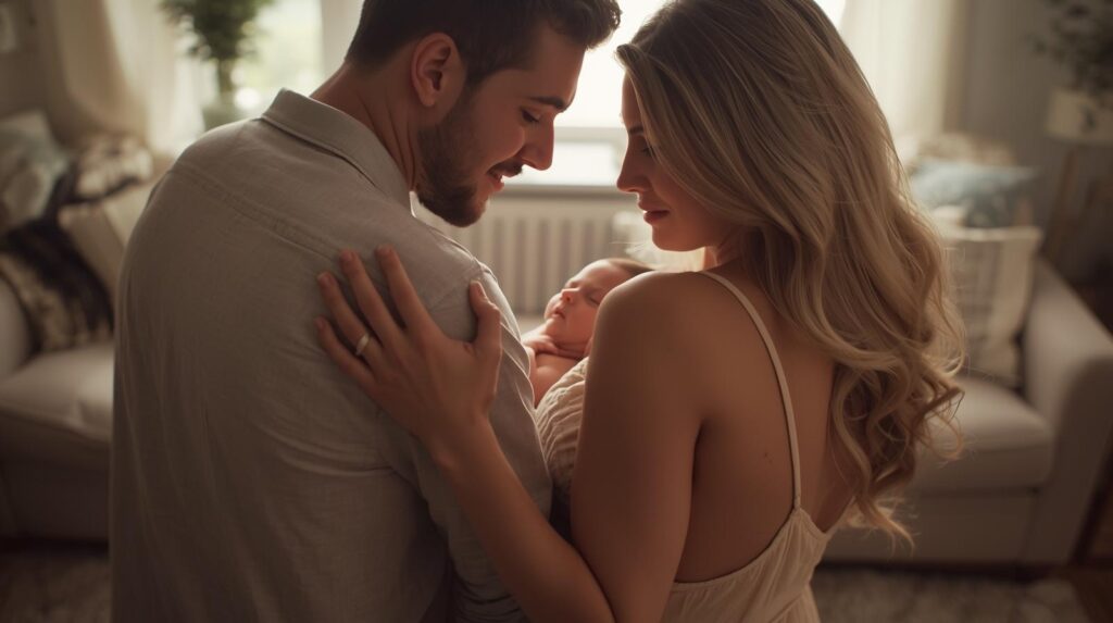 A warm and intimate photo of a new couple in their home, possibly in a living room or nursery. They are standing or sitting close together, with their baby in a crib or their arms. The parents are looking at the baby with love, and their hands are touching—one partner's hand might be on the other's back, or their hands might be intertwined. The focus is on their shared gaze and the subtle but powerful connection between them, showing that they are a united front