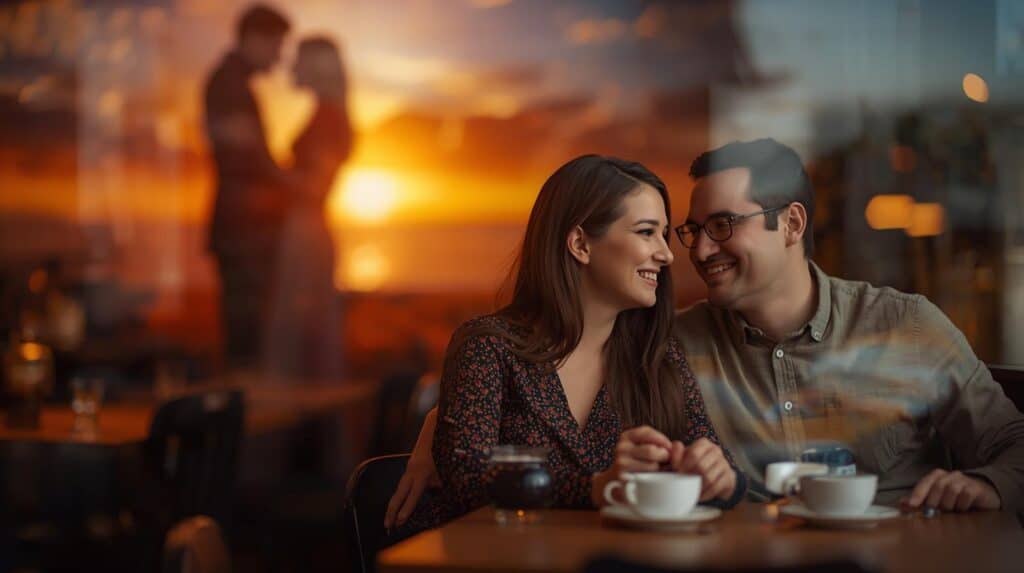 An image that uses a split focus. In the blurred background, a fantasy-like scene plays out—perhaps a couple in a dramatic, movie-like pose at sunset. In the sharp, clear foreground, a real couple is sitting together in a simple, everyday setting like a coffee shop or a kitchen. They are looking at each other with quiet affection, maybe laughing softly at a shared joke. The lighting is warm and natural, making the foreground feel authentic and a stark contrast to the blurry fantasy behind them.