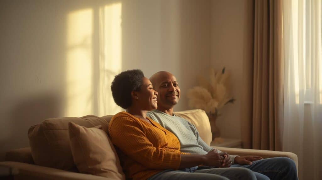 An image of a middle-aged couple in their home, possibly in a living room that looks clean and a little quiet. They are sitting on a couch or standing near a window, holding hands and looking at each other. Their body language is relaxed and intimate. The room has a sense of peace and stillness, but the couple is smiling and focused on each other, as if they are rediscovering their bond. The light from a window is shining on them, creating a warm, hopeful atmosphere.