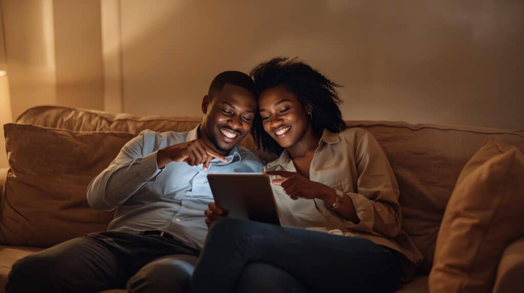 An image of a newly married couple, not in their wedding clothes, sitting together on a comfortable couch in a cozy home setting. They are looking at a tablet or a notebook together, smiling and pointing at something on the screen. The notebook could have "Our Plan" or "Our Goals" written on it. The atmosphere is calm, collaborative, and intimate.