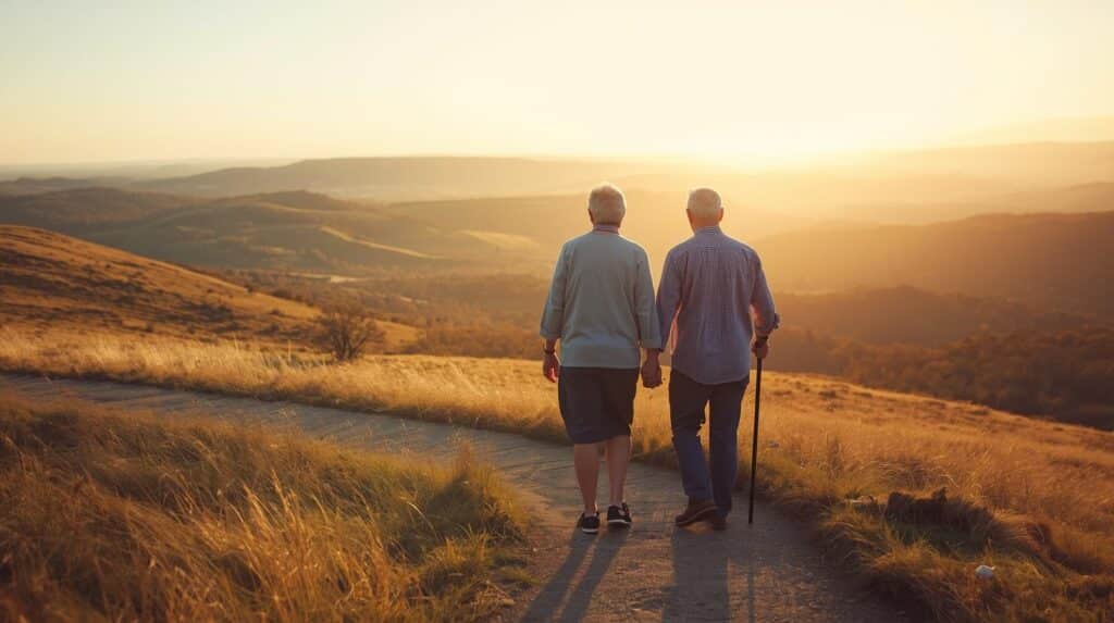 a retired couple standing on a winding path on a hill, looking out at a beautiful, wide-open landscape. They are holding hands and their posture is relaxed and hopeful. The landscape in front of them is bright and inviting, suggesting a future full of possibilities. The couple is not old or frail-looking but vibrant and full of life.